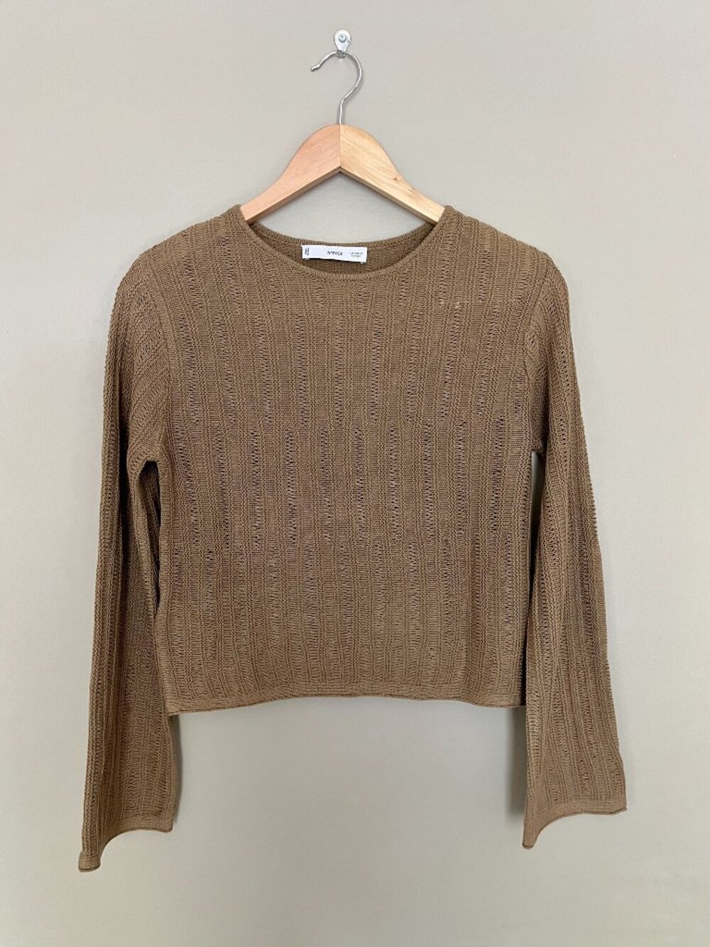 Mango MNG Open Knit Pointelle Sweater Olive Size XS